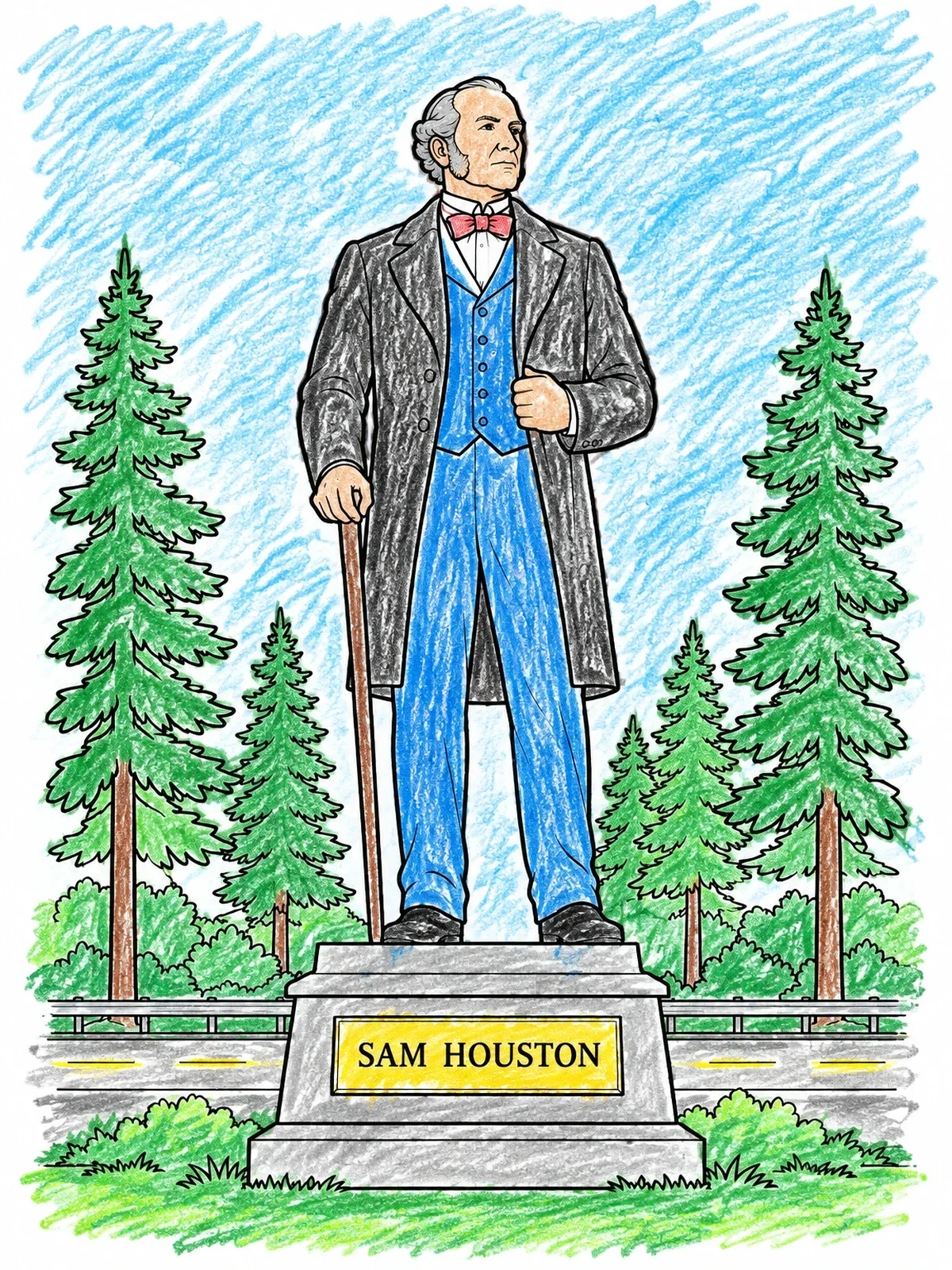 Colored example of the Sam Houston Roadside Monument coloring page