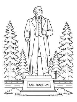 A stately statue in this Houston coloring page stands on a stone pedestal surrounded by pine trees.