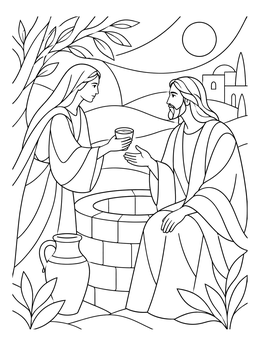 A peaceful jesus and the samaritan woman at the well coloring page showing a cup of water offered under the sun.
