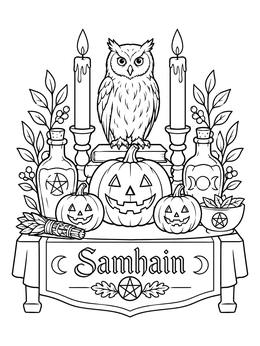 Free printable Samhain Altar With Owl And Pumpkins coloring page