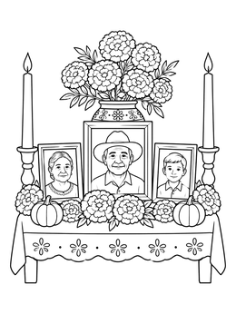 Free printable Ancestor Altar With Portraits And Flowers coloring page