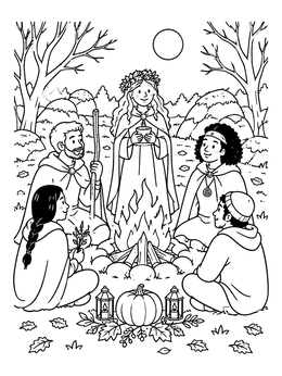 Free printable Samhain Bonfire Gathering In Forest coloring page