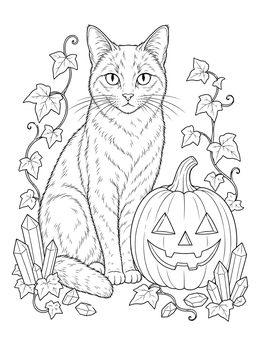 A realistic cat sits beside a carved pumpkin in this samhain coloring page with crystals and ivy.