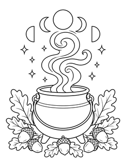 Free printable Samhain Cauldron With Oak Leaves coloring page