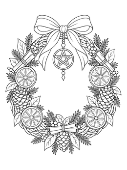 Detailed samhain coloring page featuring an autumn wreath with orange slices, pinecones, cinnamon sticks, and a pentacle charm.