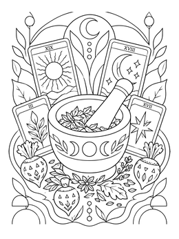 A detailed samhain coloring page featuring a mortar, autumn herbs, tarot cards, and carved turnips.