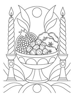 An ornate altar with fruit and candles on this samhain coloring page.