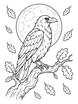 A raven on an oak branch against a full moon in this samhain coloring page.