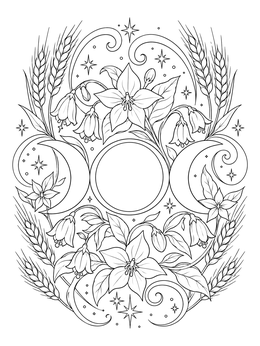 A mystical samhain coloring page featuring a triple moon surrounded by flowers, wheat, and stars.