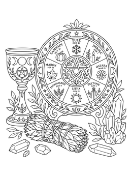 A decorative wheel of the year plaque, chalice, and crystals in this samhain coloring page.