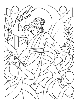 A heroic Samson stands victorious in this biblical strength coloring page.