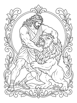 Mythological hero Samson wrestling a roaring lion in this strength coloring page.