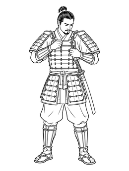 A detailed samurai coloring page featuring a warrior fastening his traditional armor.