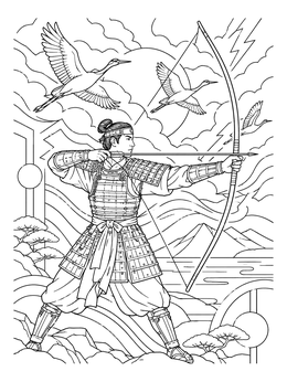 A samurai coloring page featuring an armored archer drawing a bow under a stormy sky with flying cranes.