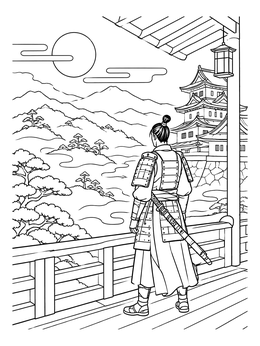 An armored warrior stands on a balcony in this detailed samurai coloring page.