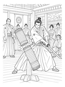 A focused martial artist cuts a tatami target on this samurai coloring page.