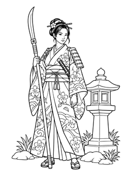 A female warrior beside a stone lantern in this detailed samurai coloring page.