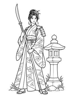 A female warrior beside a stone lantern in this detailed samurai coloring page.