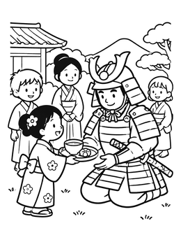 Free printable Little Girl Offering Tea To A Samurai coloring page
