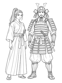A detailed samurai coloring page featuring an armored warrior beside a woman in traditional robes.