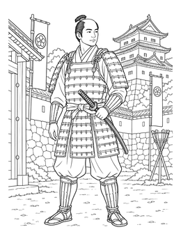 A detailed samurai coloring page featuring an armored warrior standing before a traditional Japanese castle.