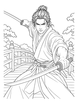 Detailed samurai coloring page showing a warrior holding two swords on an arched wooden bridge.