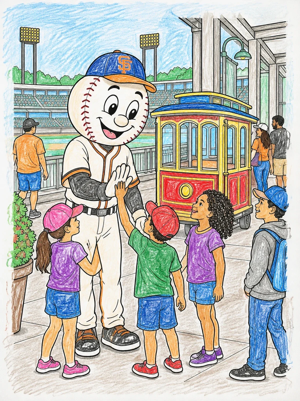 Colored example of the Baseball Mascot And Cable Car coloring page