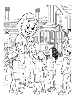 A baseball mascot high-fiving children next to a mini cable car in this san francisco coloring page.