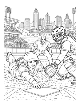 A runner slides into home plate in this exciting San Francisco coloring page with city skyline.