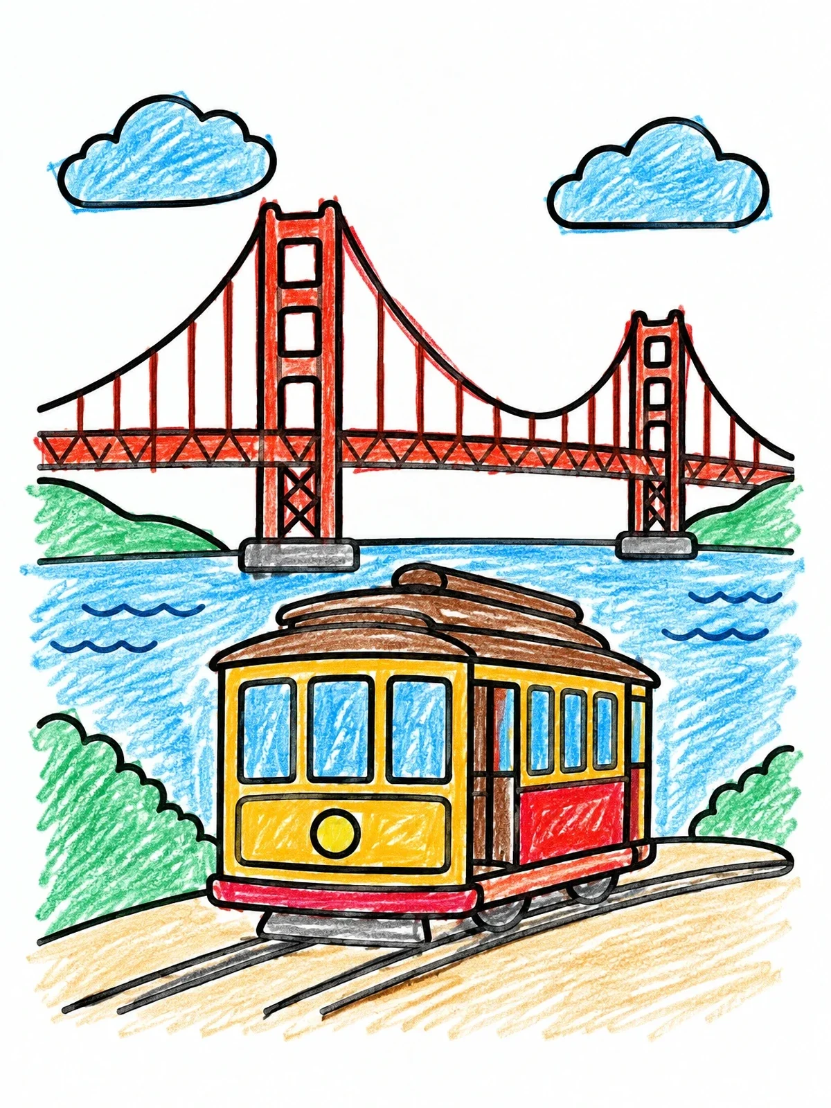 Colored example of the San Francisco Cable Car And Bridge coloring page