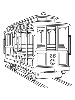 A vintage cable car on tracks is featured in this san francisco coloring page.