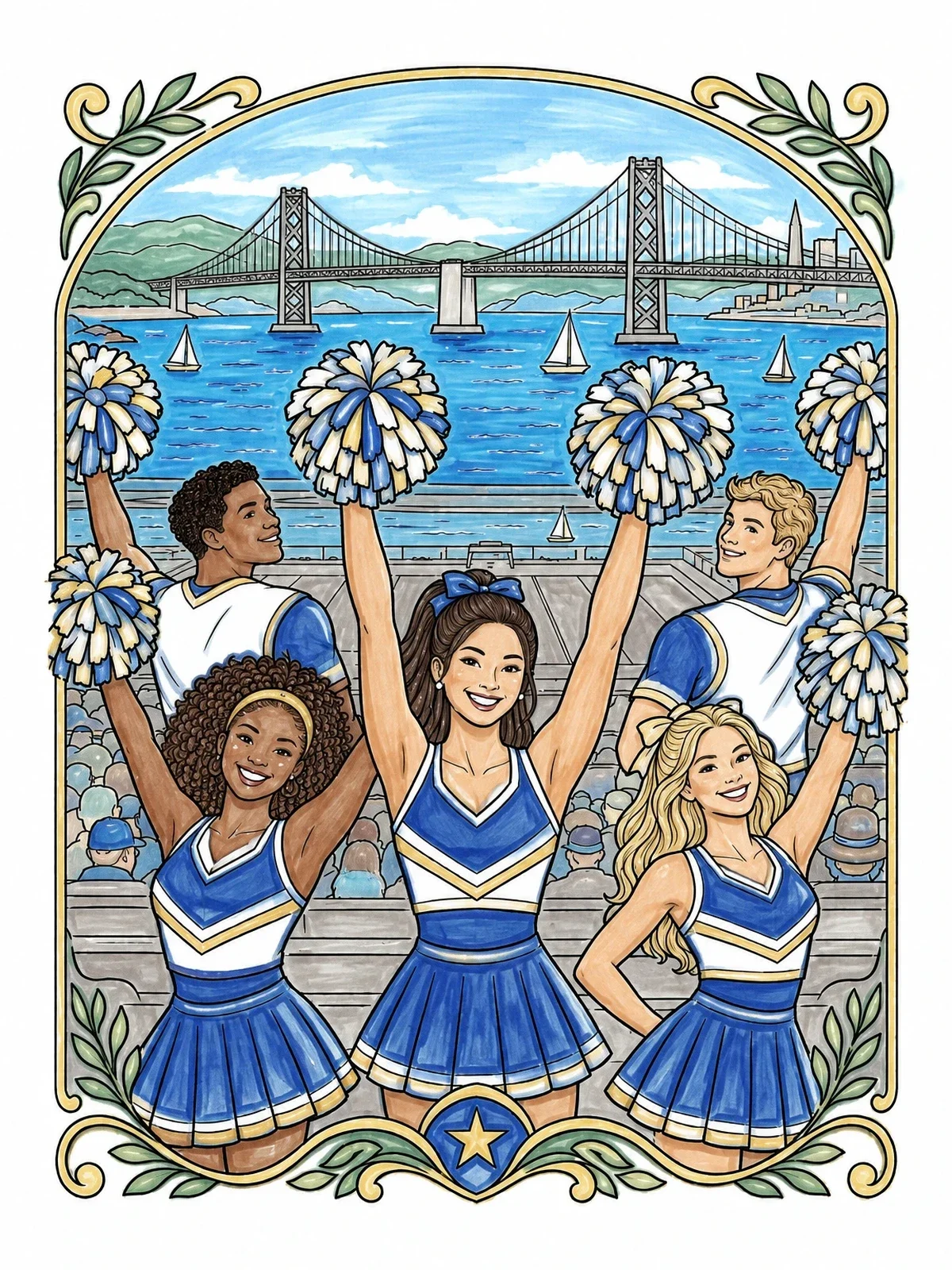 Colored example of the Cheerleaders Before The Bay Bridge coloring page
