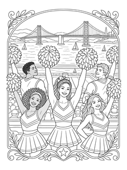 Cheerleaders with pom-poms in stadium stands overlook the bay in this san francisco coloring page.