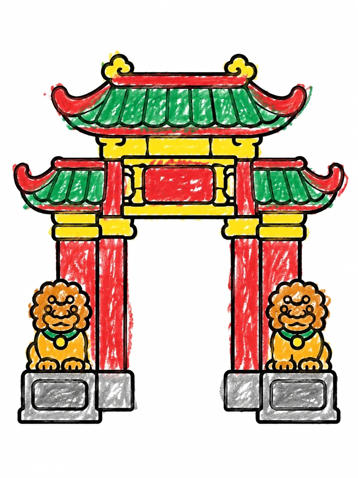 Colored example of the Chinatown Dragon Gate With Guardian Lions coloring page