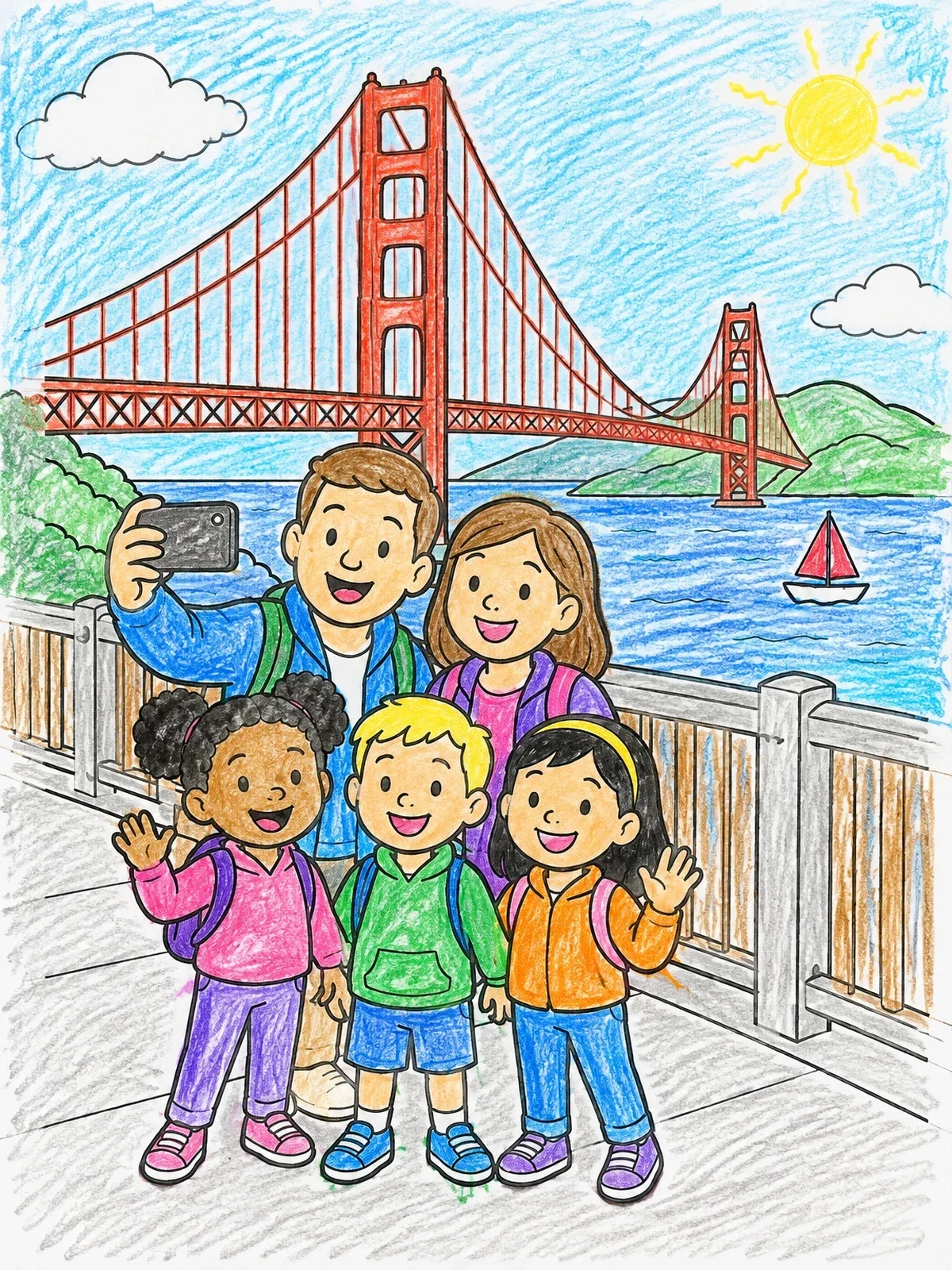 Colored example of the Family Selfie By The Golden Gate Bridge coloring page