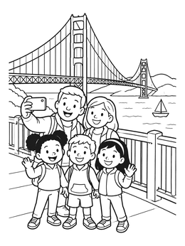 Free printable Family Selfie By The Golden Gate Bridge coloring page