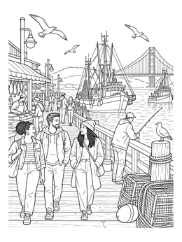 A bustling pier on this san francisco coloring page featuring walking tourists and the Golden Gate Bridge.