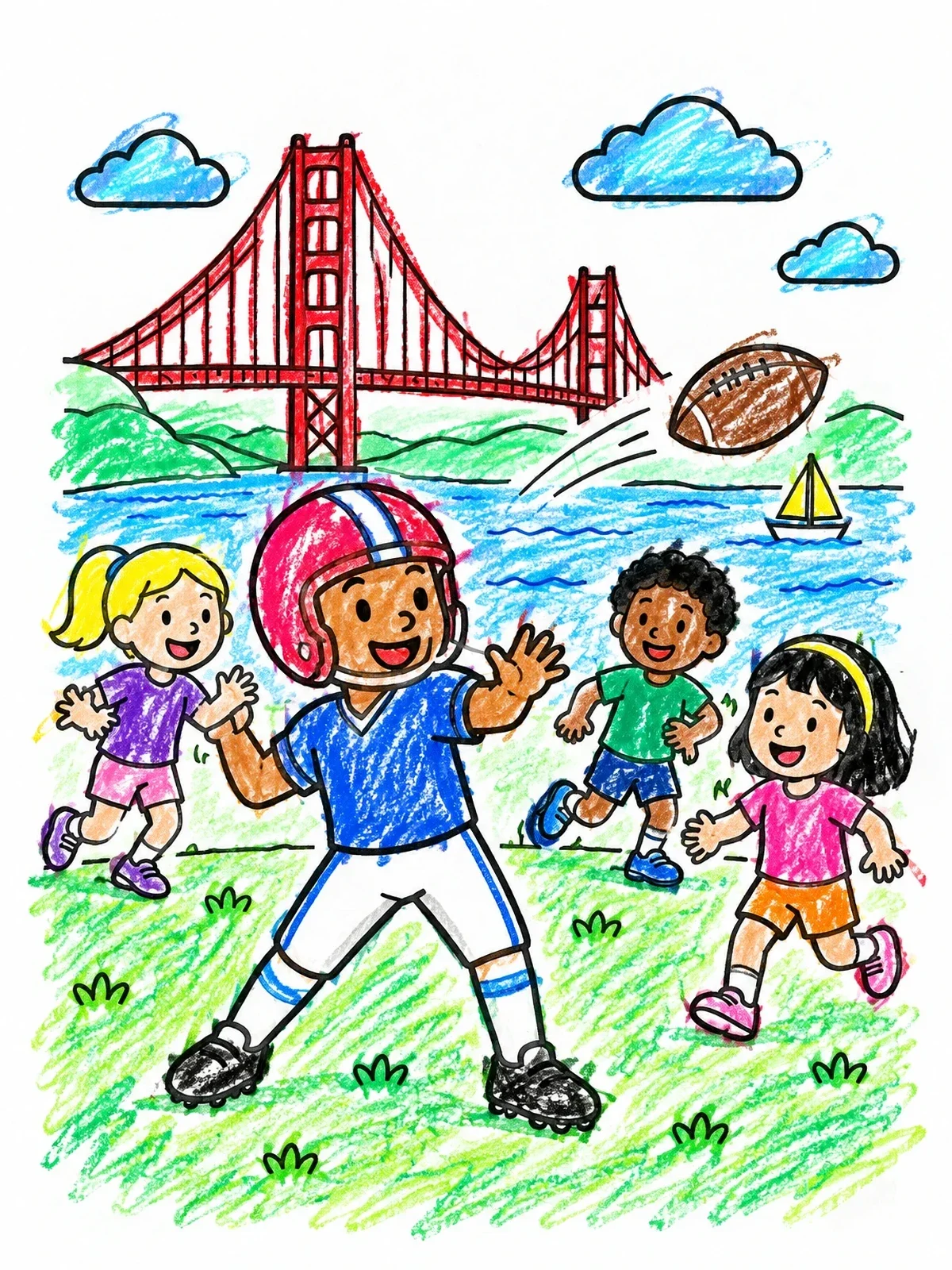 Colored example of the Kids Playing Football By The Golden Gate Bridge coloring page