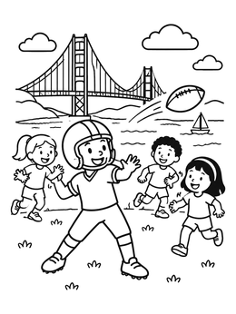 Free printable Kids Playing Football By The Golden Gate Bridge coloring page