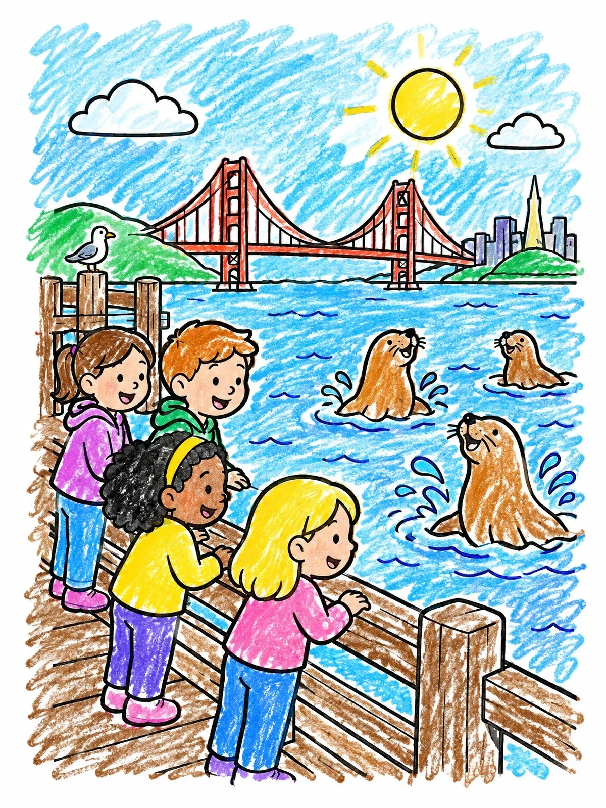 Colored example of the Kids Watching Sea Lions By The Bay coloring page