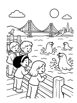 Free printable Kids Watching Sea Lions By The Bay coloring page