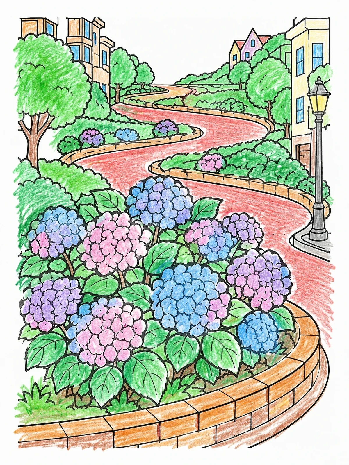 Colored example of the Lombard Street Hydrangeas In Bloom coloring page