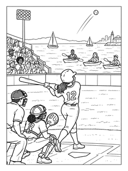A batter hits a ball toward kayakers in the bay on this San Francisco coloring page.