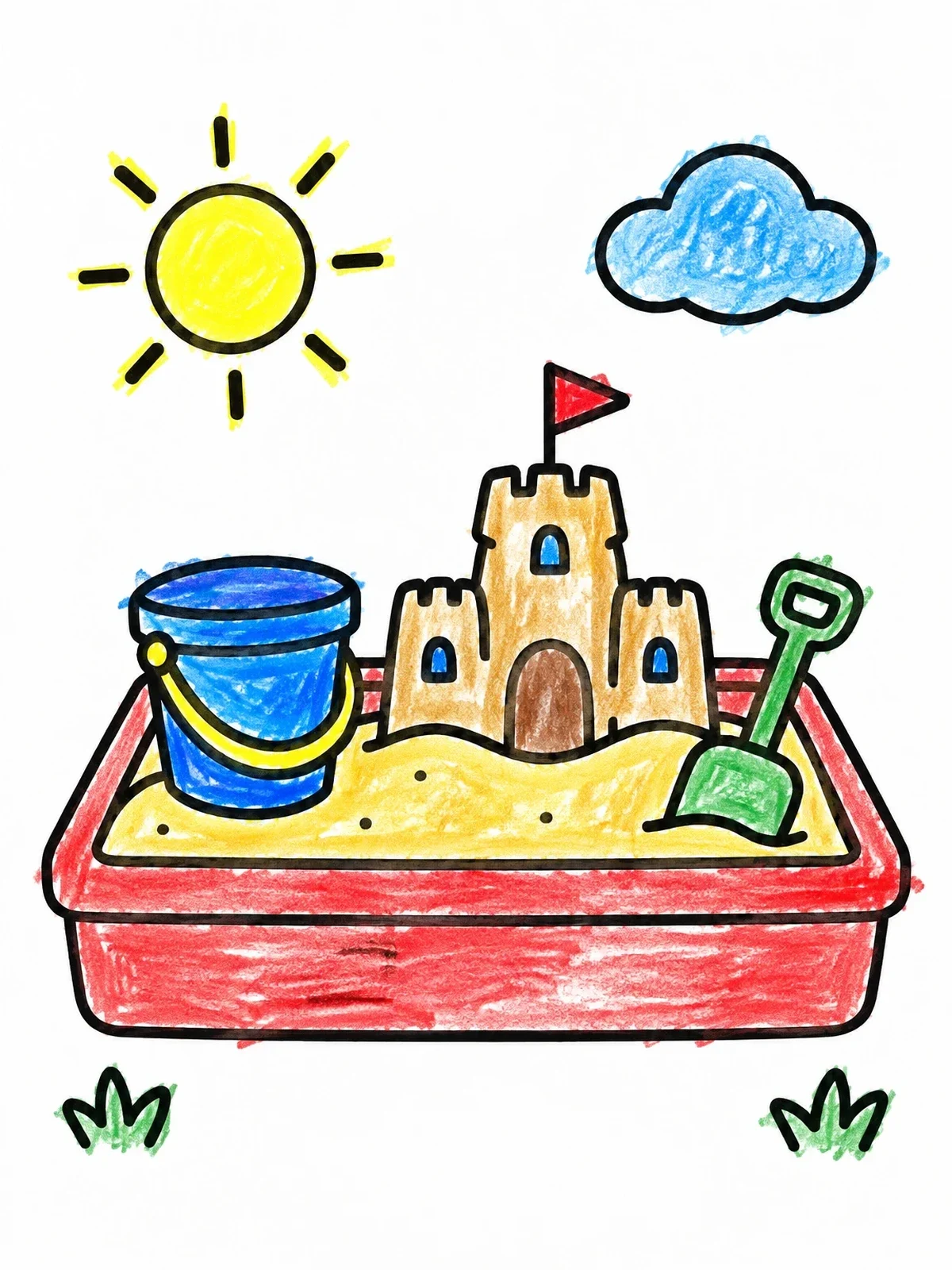Colored example of the Sandbox With Sandcastle And Toys coloring page