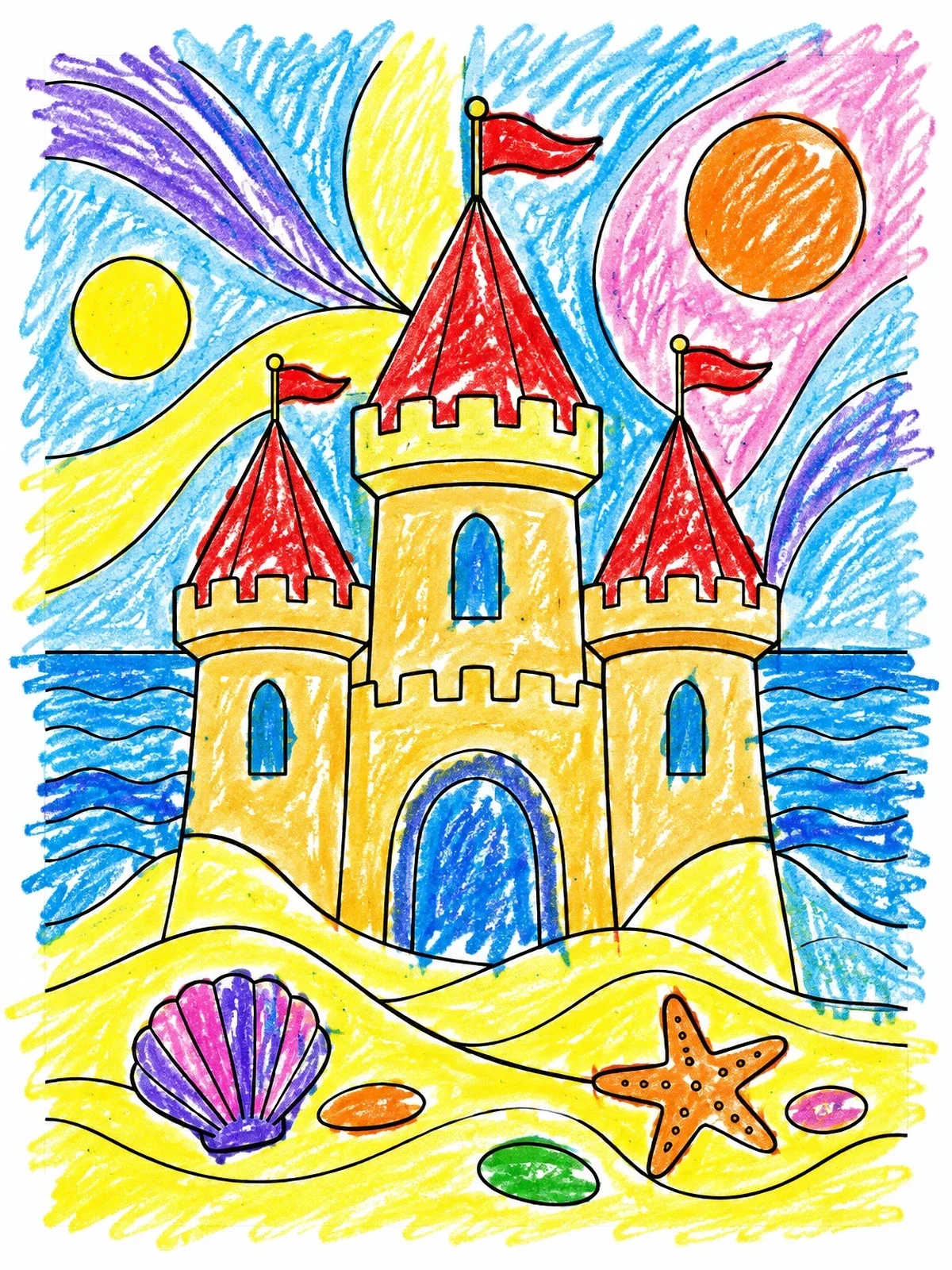 Colored example of the Sandcastle On The Beach Shore coloring page