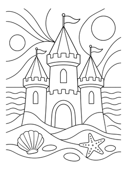 A detailed sand castle coloring page with three turrets, shells, and ocean waves.