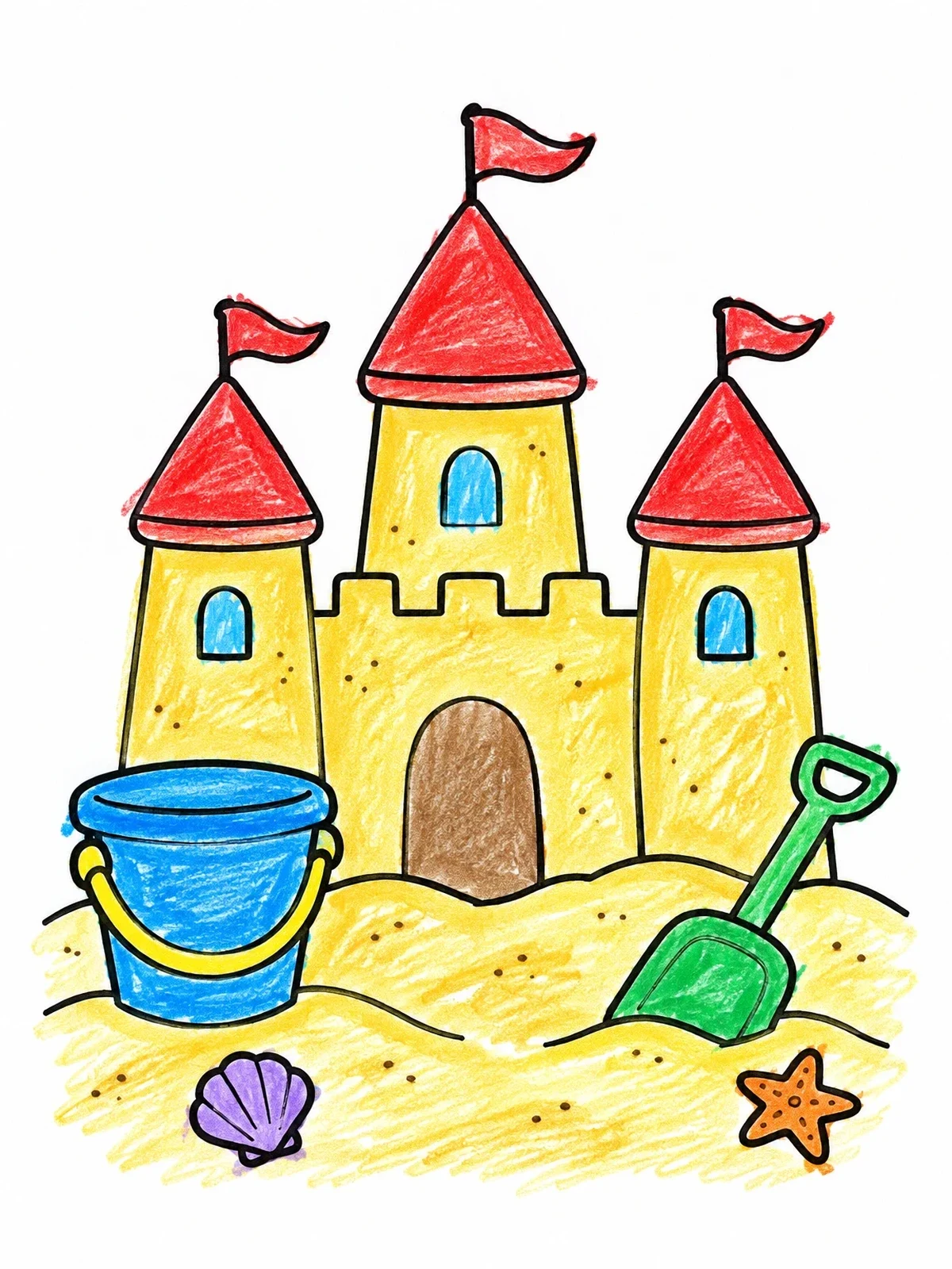 Colored example of the Sandcastle With Bucket And Spade coloring page