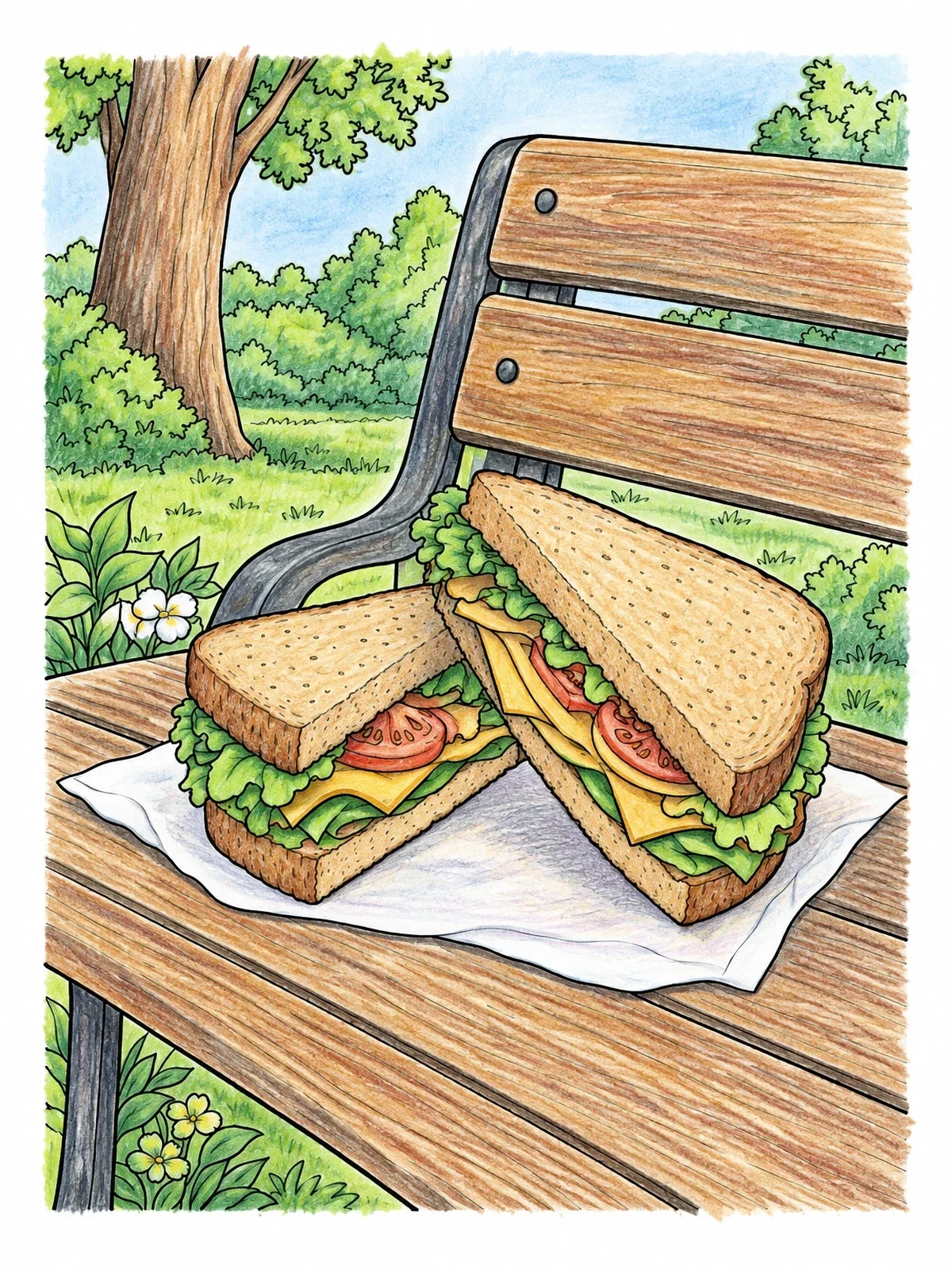 Colored example of the Sandwich On A Park Bench coloring page