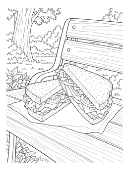 A sliced sandwich coloring page resting on a sunny wooden park bench outdoors.