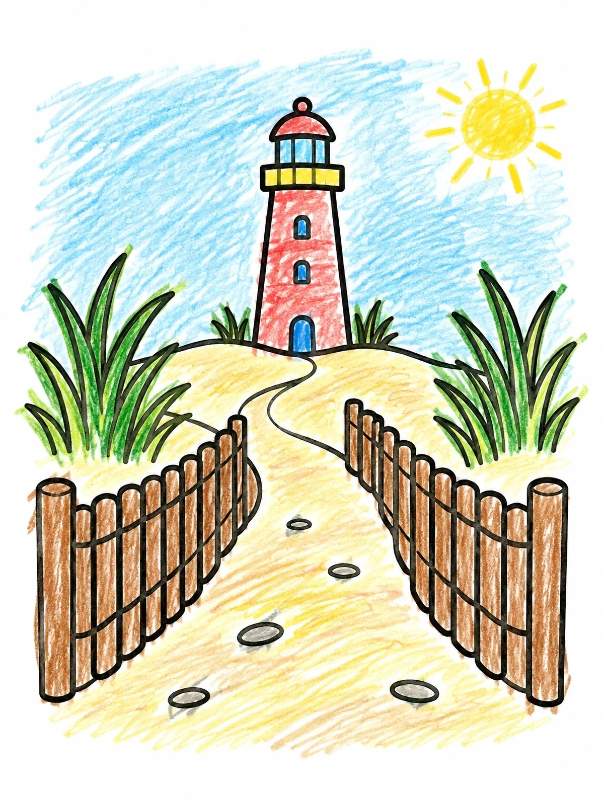 Colored example of the Sandy Path To Coastal Lighthouse coloring page